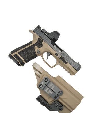 Archon Type B pistol with red dot optic beside the TUKD GHOST FDE Kydex holster