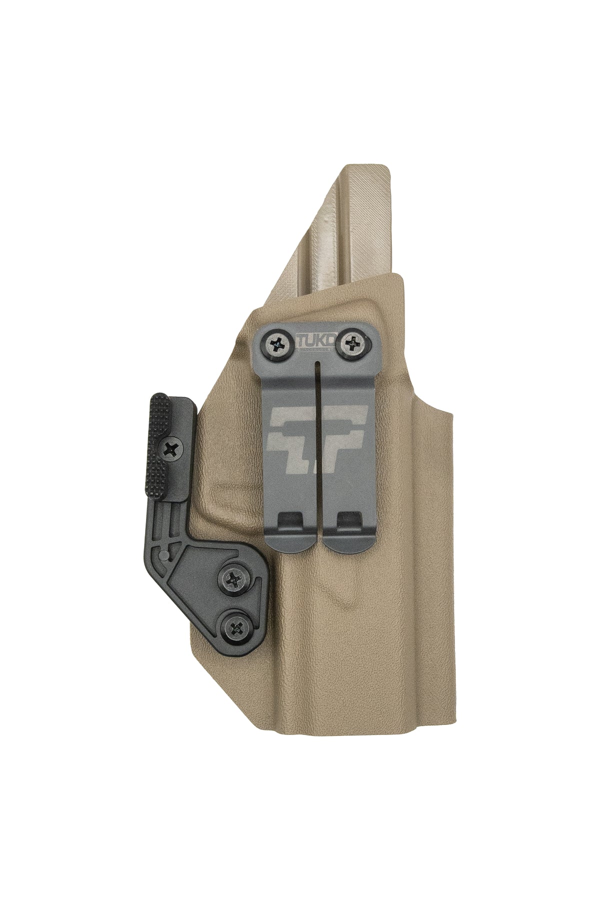 TUKD GHOST Kydex holster shell for the Archon Type B in FDE, front molding detail with light bearing cut