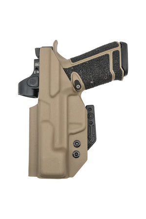 Back of the TUKD GHOST Archon holster showing the belt clip and concealment claw with Archon pistol seated